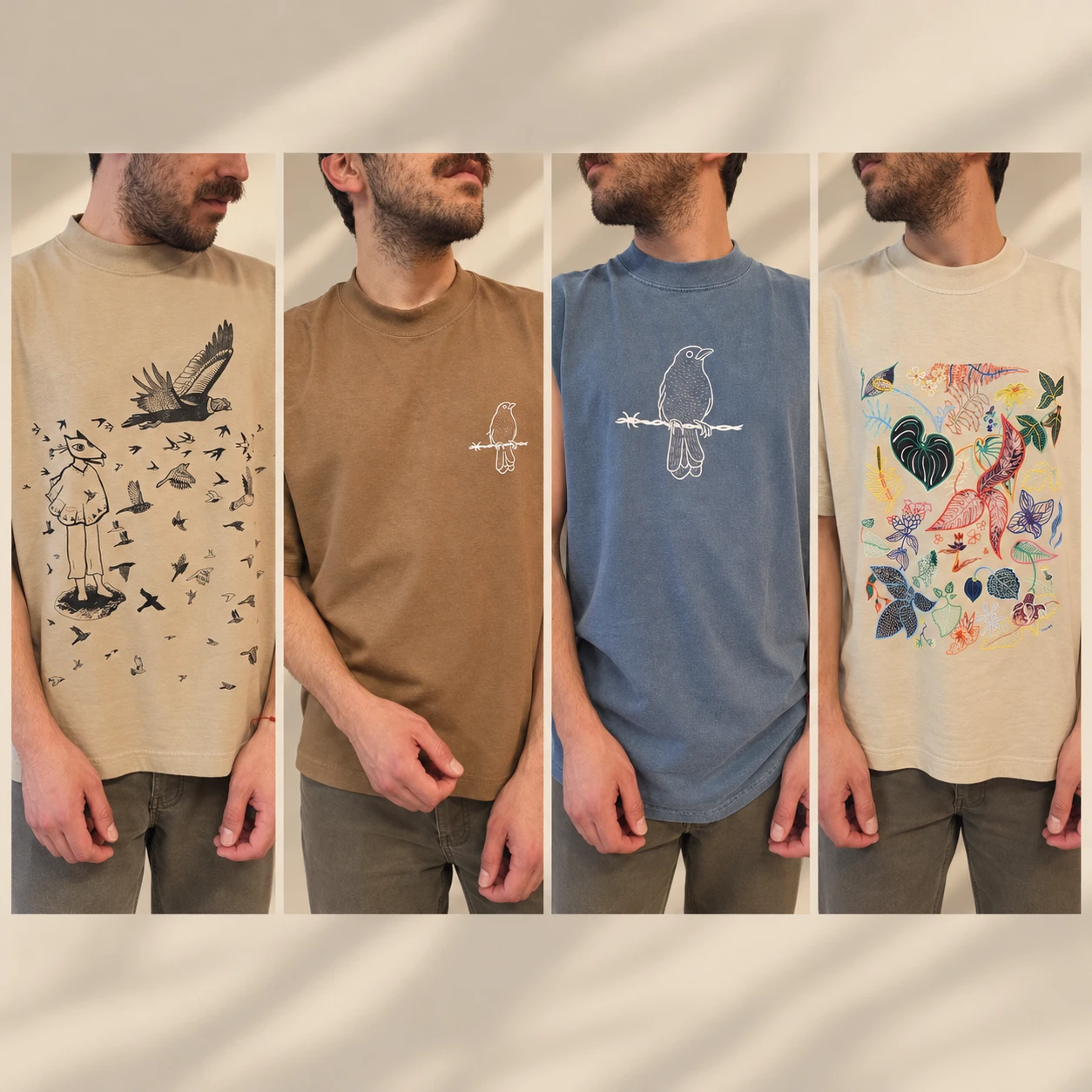 Cuatro camisetas de la colección Isaac Orellana puestas por un modelo