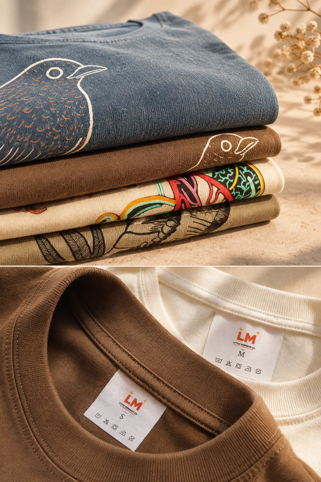 Camisetas dobladas de la colección Isaac Orellana, con un detalle de las etiquetas de Little Moments Co.