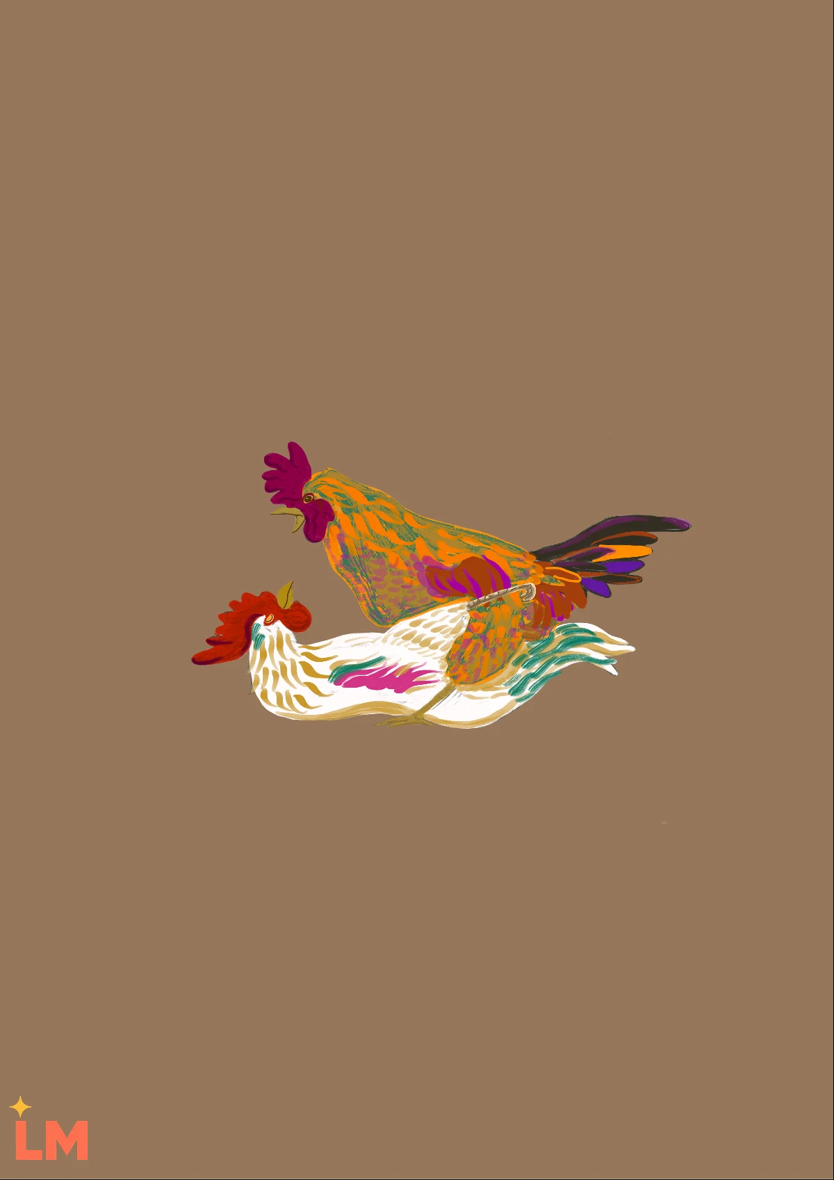 La obra Gallos de Isaac Orellana sola, sobre fondo liso: una pareja de gallos