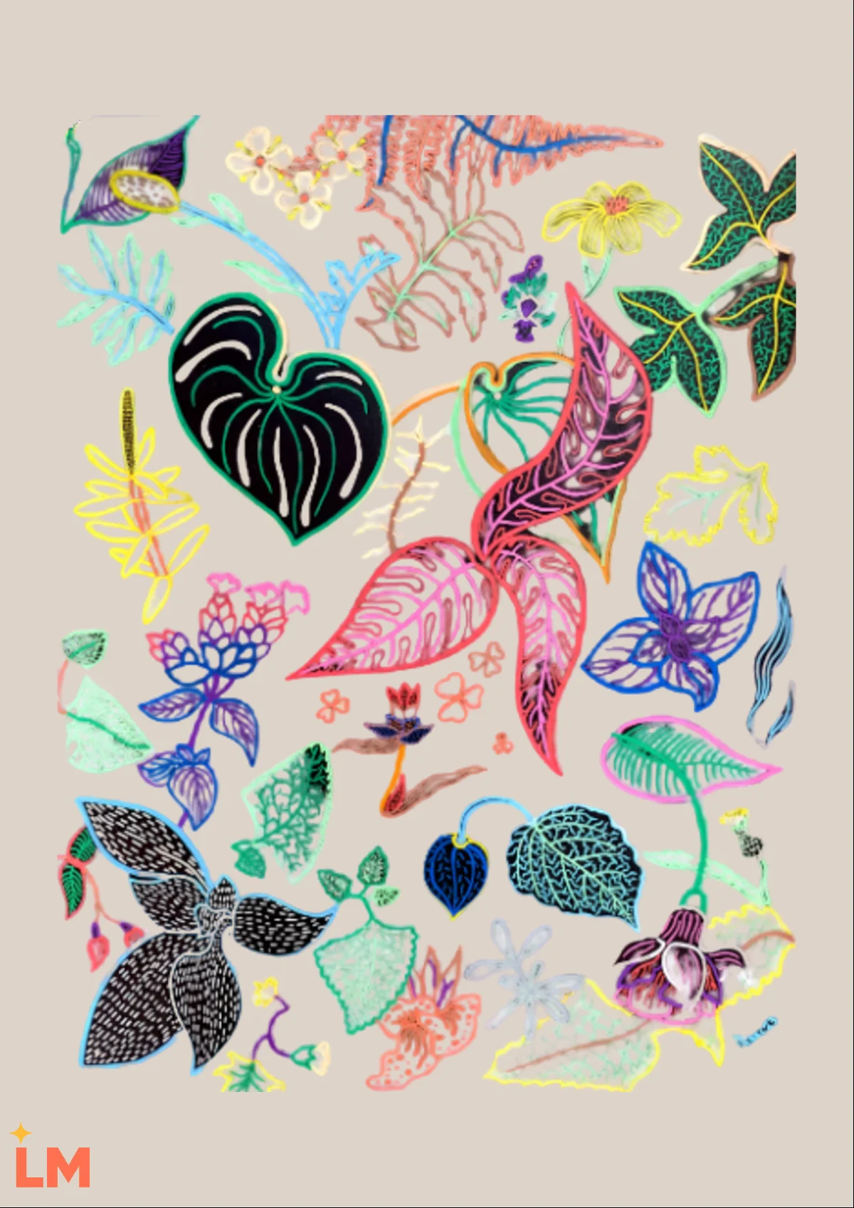 La obra Jardín de Isaac Orellana sola, sobre fondo liso: plantas y flores de colores