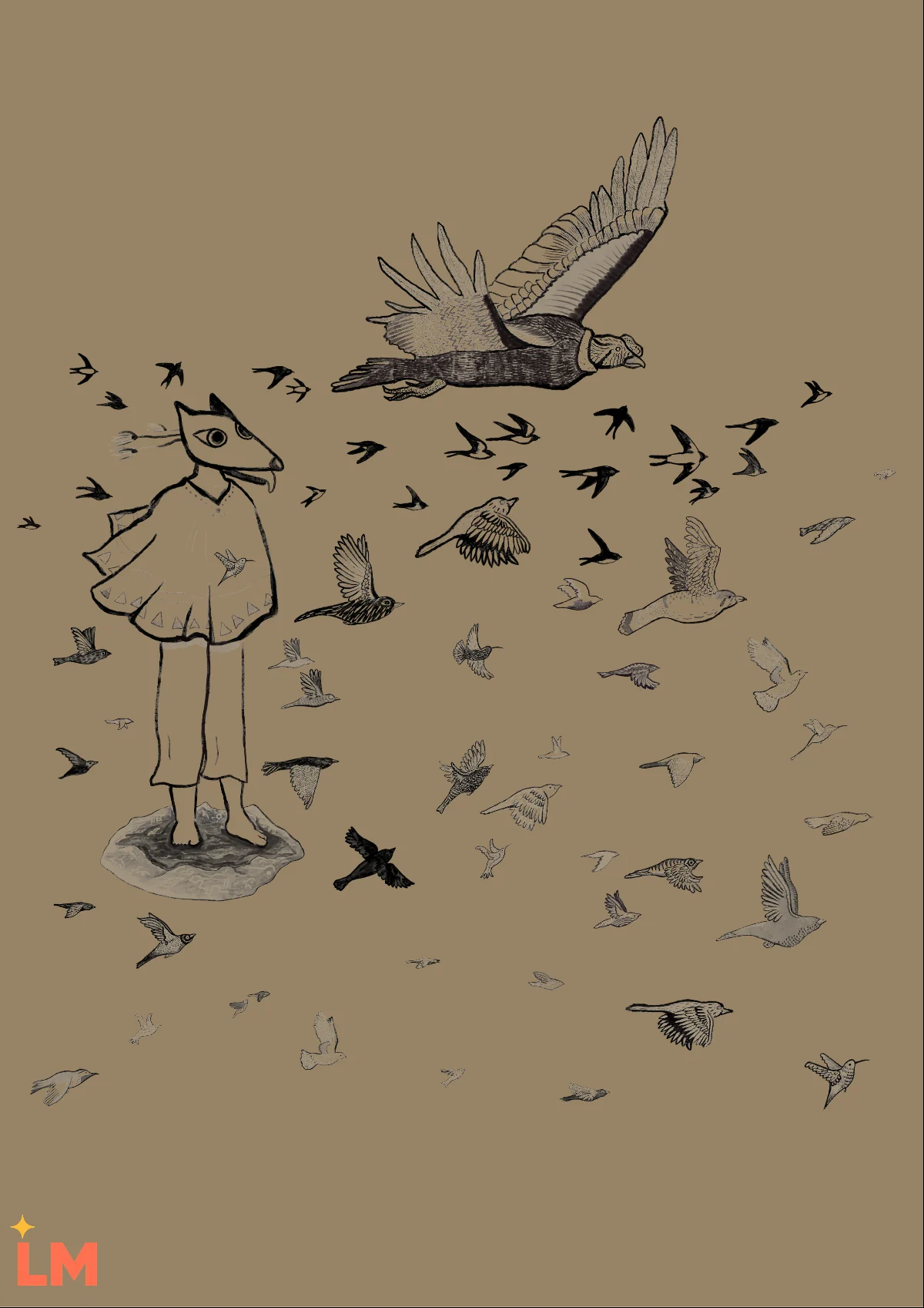 La obra Pájaros de Isaac Orellana sola, sobre fondo liso: una figura rodeada de una bandada de aves