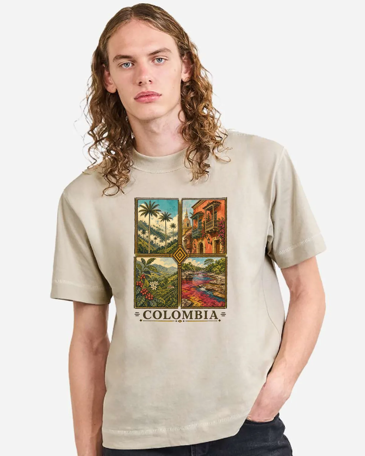 Camiseta oversized Cream con el diseño Colombia — Cuatro Raíces estampado al frente