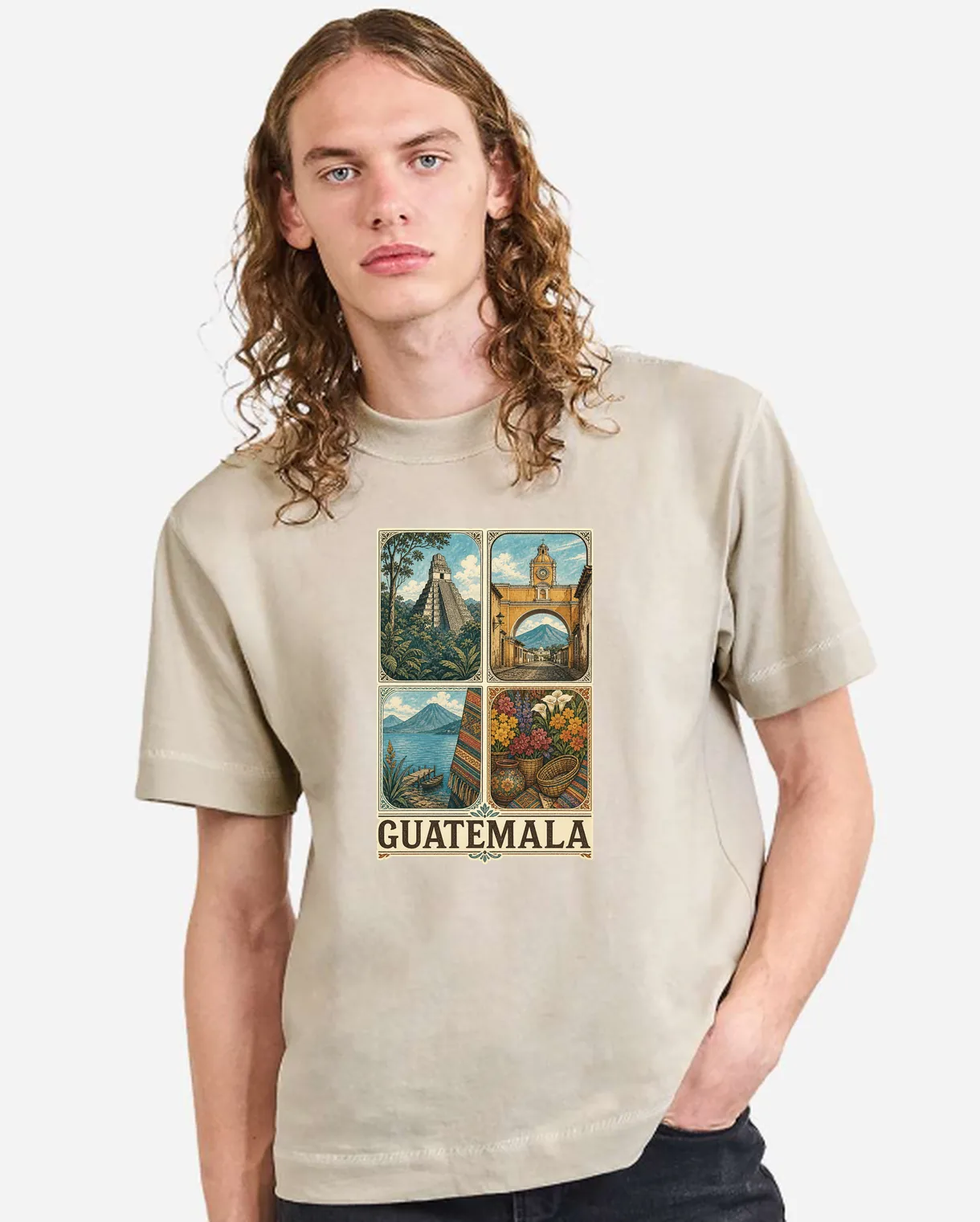Camiseta oversized Cream con el diseño Guatemala — Cuatro Raíces estampado al frente