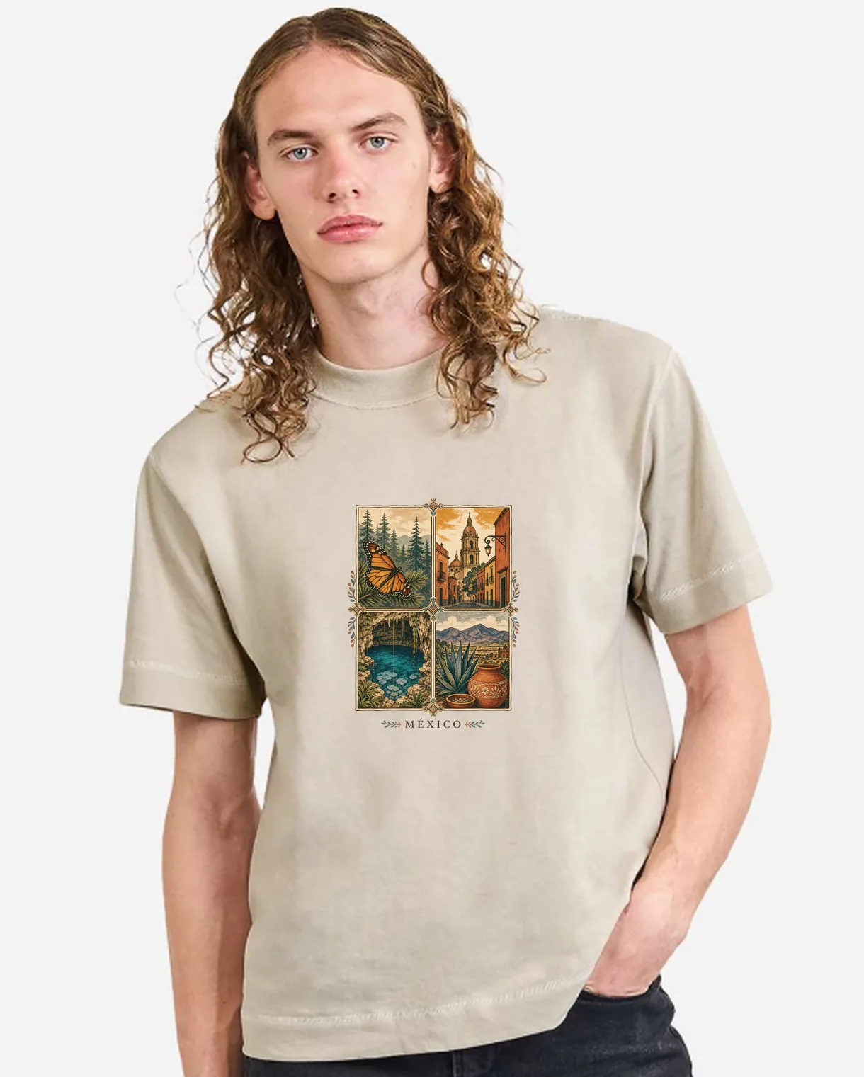 Camiseta oversized Cream con el diseño México — Cuatro Raíces estampado al frente