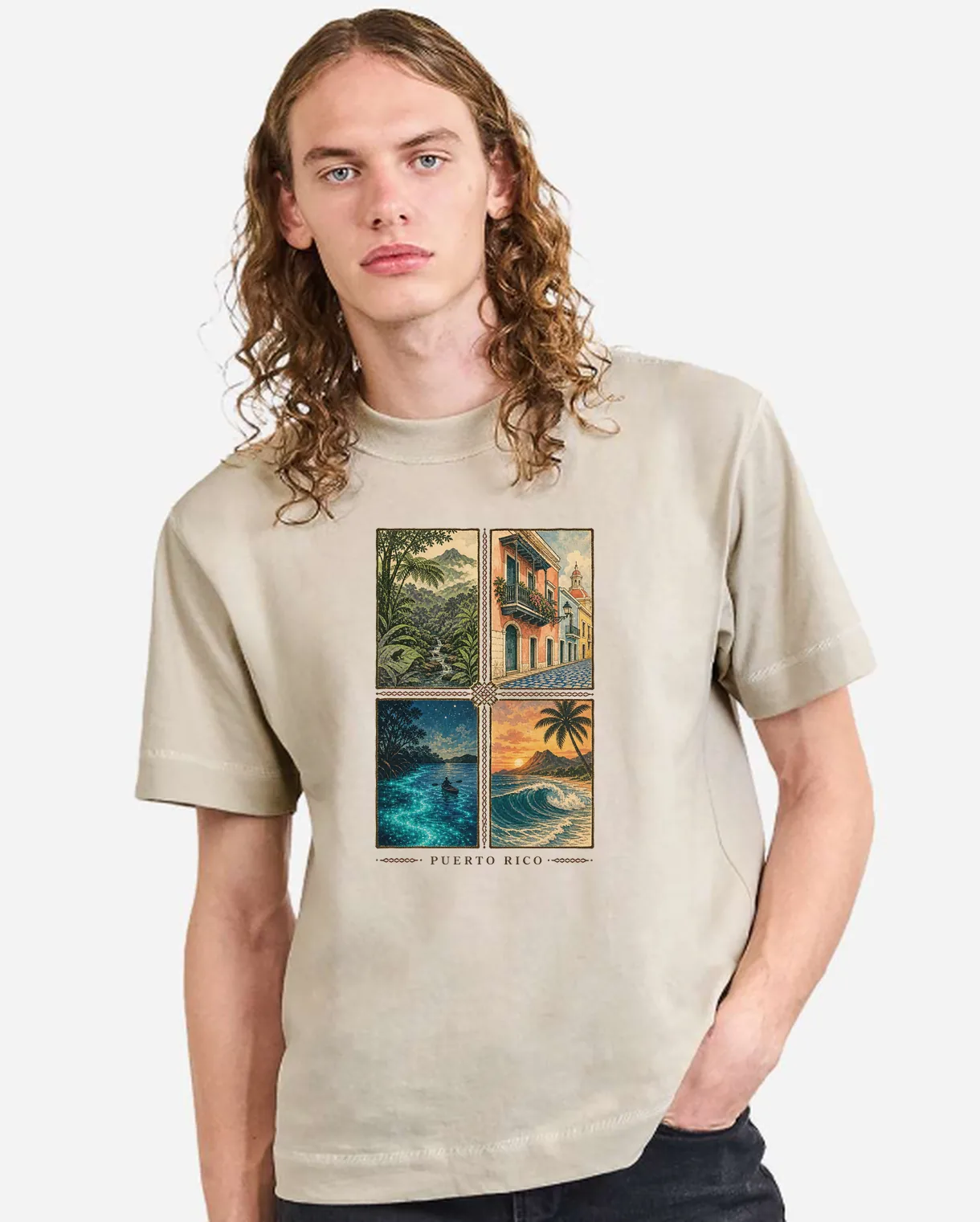 Camiseta oversized Cream con el diseño Puerto Rico — Cuatro Raíces estampado al frente